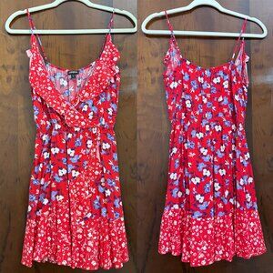 Express Red Floral Surpice Faux Wrap Ruffle Hem Mini Dress Women's in Small